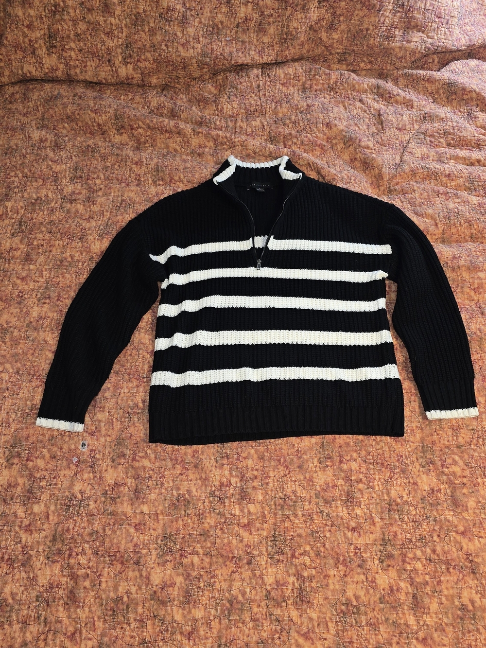 Sanctuary Sporty Stripe Half Zip Sweater Black Cream Ribbed Knit Size Medium
